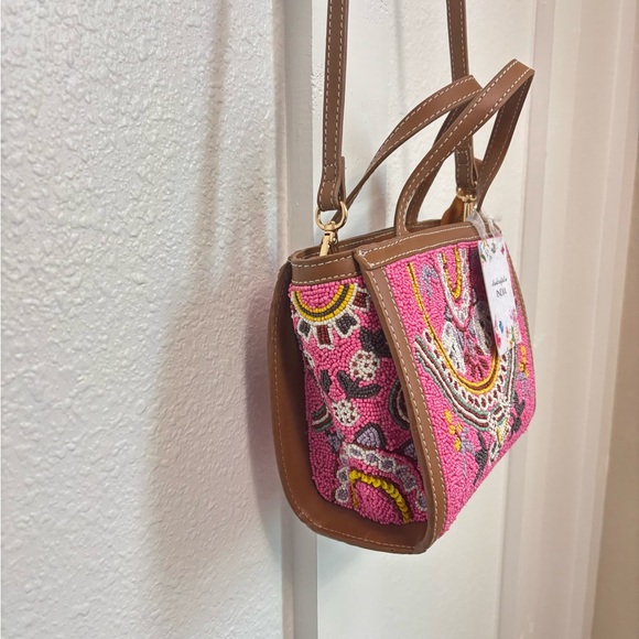 NWT Anthropologie Crossbody Bag Pink and Brown with Boho Embroidery - Picture 11 of 11